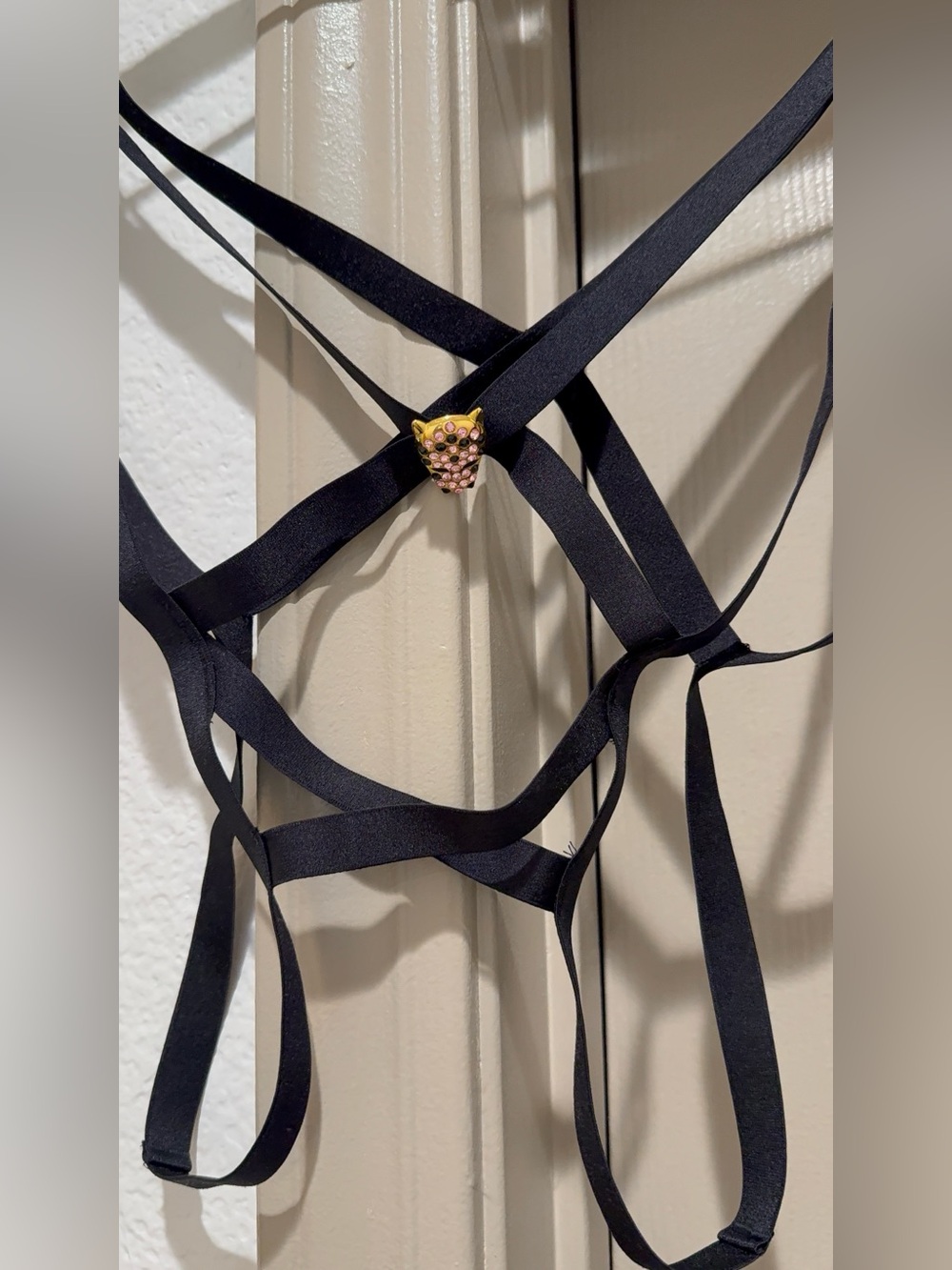 Victoria's Secret Black Ribbon Panty with Gold Pink Heart Accent